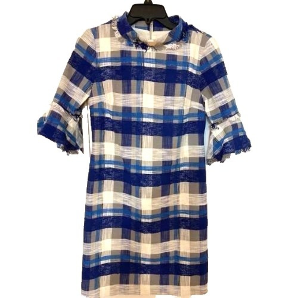 Sara Campbell Sz 12 Blue Plaid Dress Lined Tweed Cotton Blend Flutter Fringe
